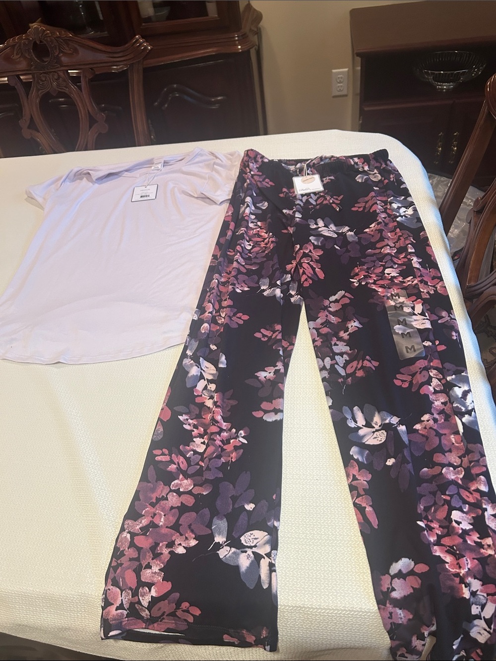 Floral Wide-Leg Lounge Pants w/ Purple & Pink Print & Light Purple Lounge Shirt